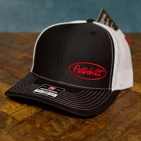 New - Peterbilt Richardson 112 Black/White Trucker Cap Hat Snapback Embroidered - Picture 1 of 5